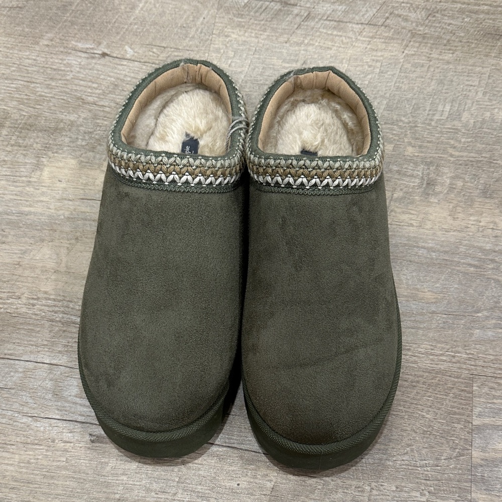 Haute Hippie Olive Green Faux Fur Lined Slip-On Slippers